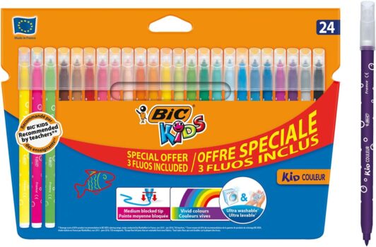 BIC Kids Filzstifte Set Kid Couleur, Fasermaler zum Malen in auswaschbaren Farben (inkl. Neonfarben, im Karton Etui)