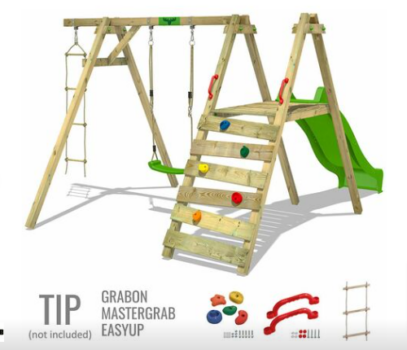 FATMOOSE Schaukelgestell Kinderschaukel JollyJack Schaukel Schaukelgerüst Doppelschaukel Holzschaukel mit Kletteranbau apfelgrün