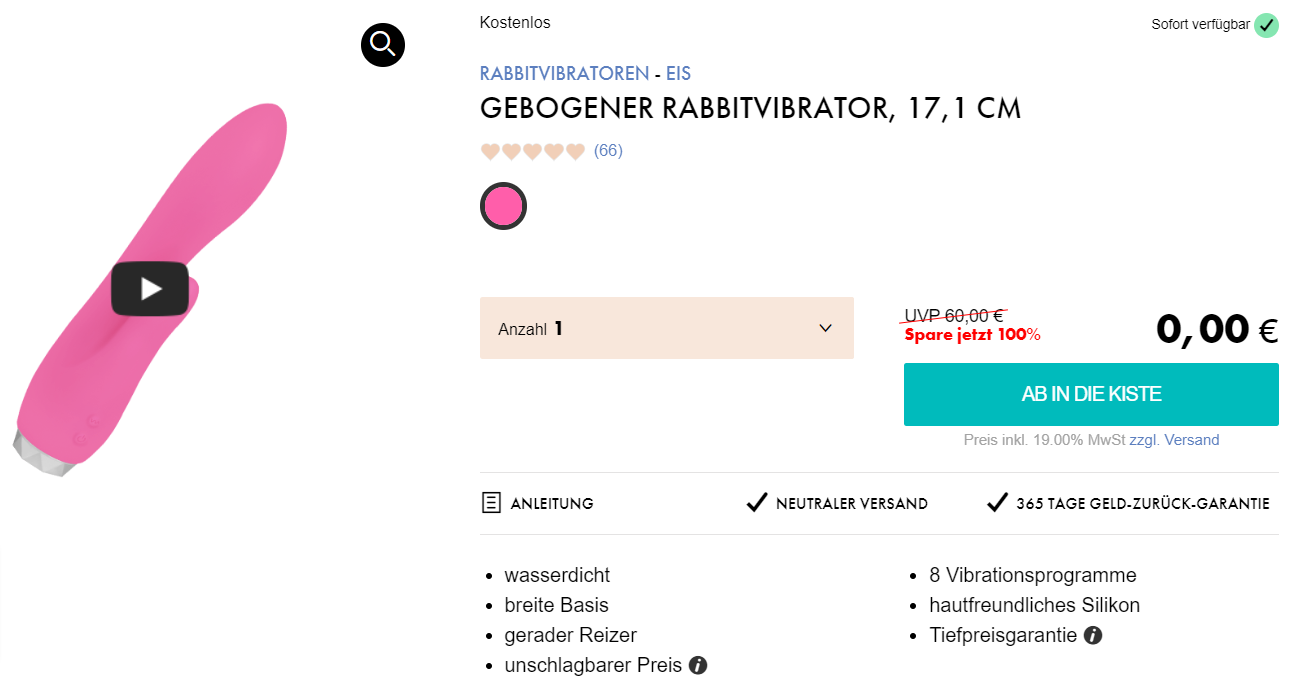 Eis DE: Gebogener Rabbitvibrator & 6 Gratisartikel für 0 € (MBW 29,95 €)  🍨