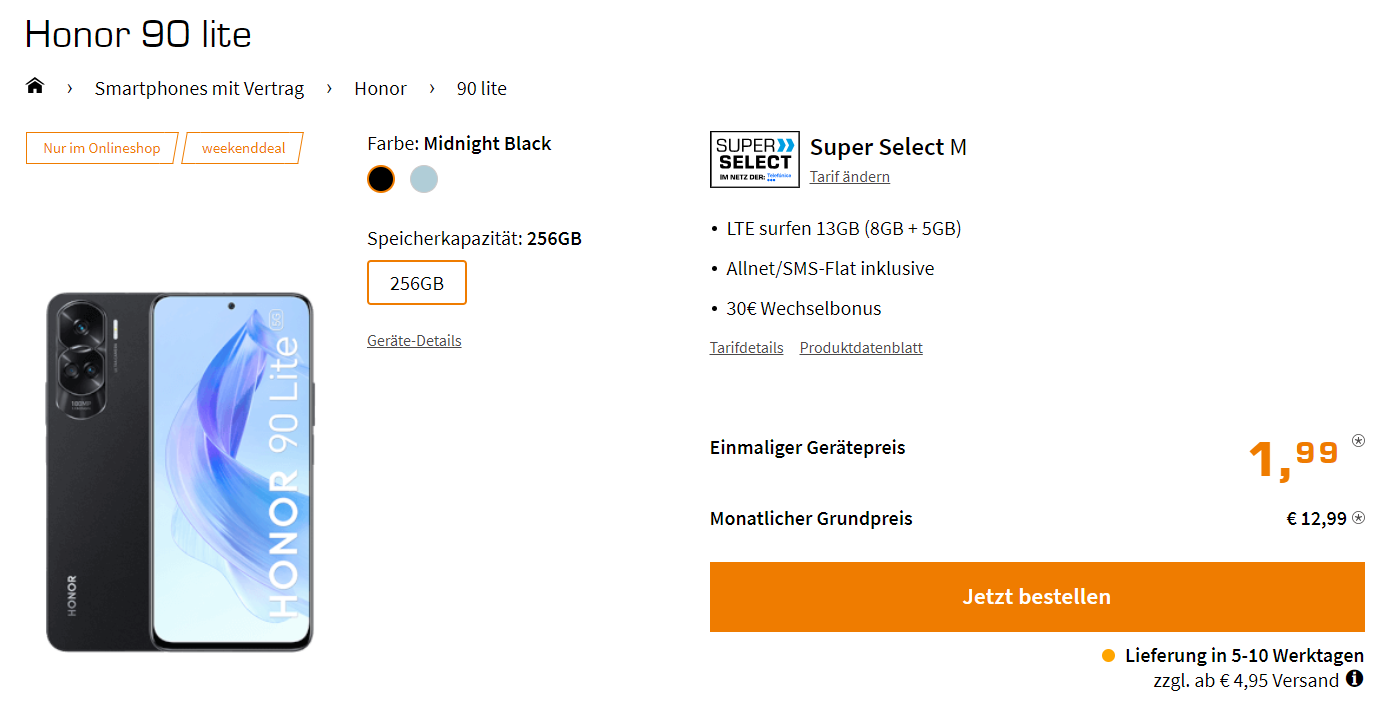 Saturn Tarifwelt: Honor 90 Lite + Super Select M mit 13 GB LTE für 12,99 € / Monat + 36,93 € einmalig