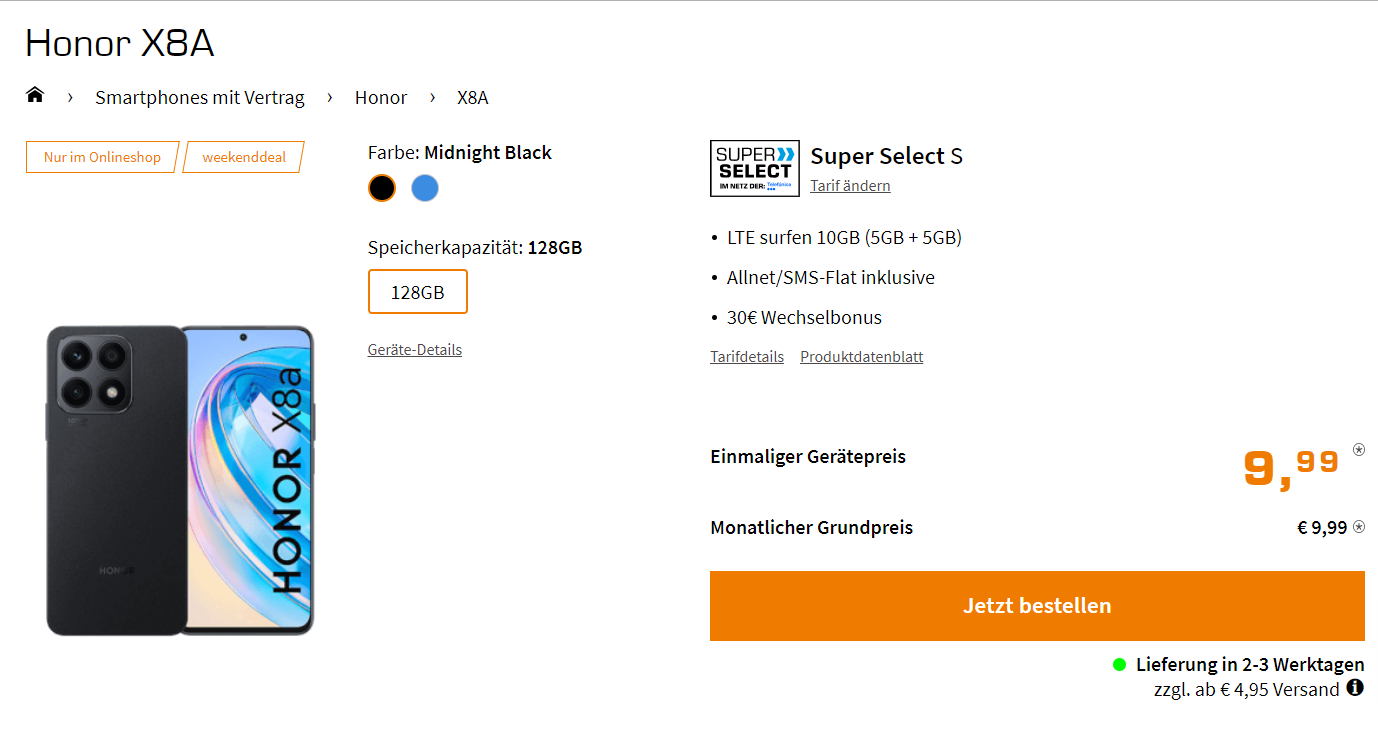 Saturn Tarifwelt: Honor X8A + Super Select S mit 10 GB LTE für 9,99 € / Monat + 44,93 € einmalig