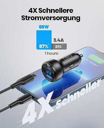INIU zigarettenanzünder USB, 66W 6A Kfz Ladegerät, USB-C USB-A PD 3.0 & QC 4.0+
