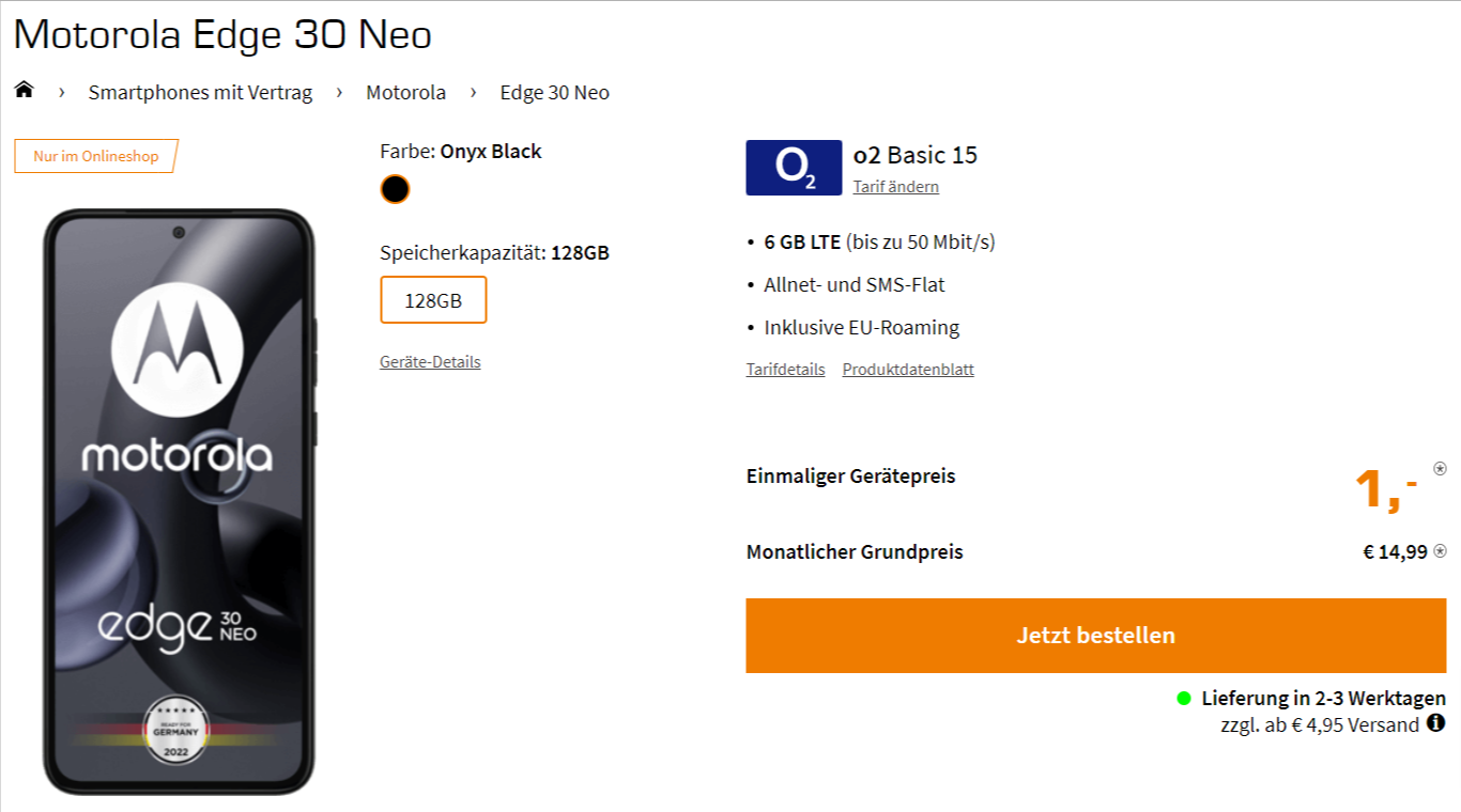 Saturn Tarifwelt: Motorola Edge 30 Neo + o2 Basic 15 mit 6 GB LTE für 14,99 € / Monat + 45,94 € einmalig