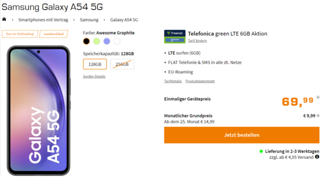 Samsung Galaxy A G + freenet Telefonica green LTE GB
