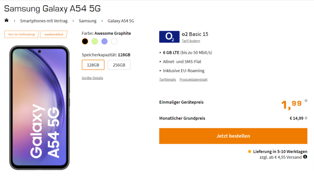 Samsung Galaxy A54 5G + O2 Basic 15 Mit 6 Gb Lte 