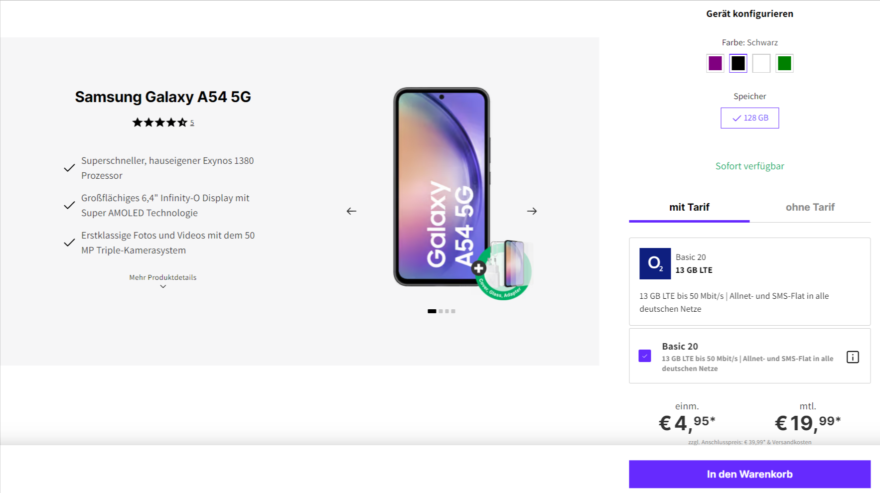 Deinhandy: Samsung Galaxy A54 5G + o2 Basic 20 mit 13 GB LTE für 19,99 € / Monat + 49,93 € einmalig