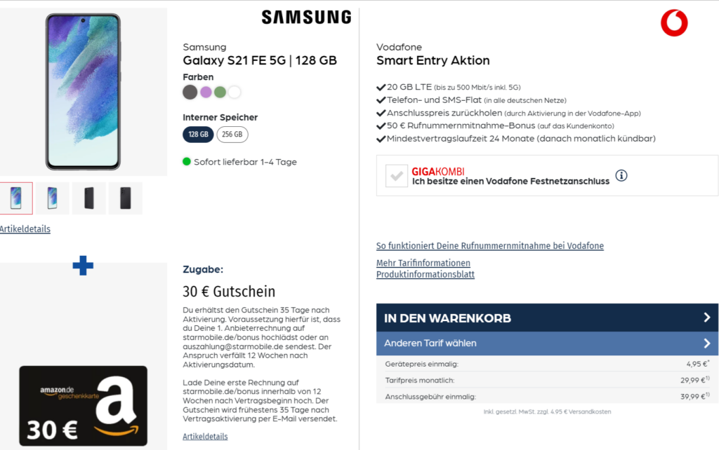 Samsung Galaxy S21 Fe 5G + 30 € Amazon Gutschein + Libratone One Style Portable Bluetooth Speaker + Vodafone Smart Entry 20 Gb 5G