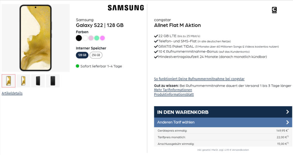 Samsung Galaxy S22 + Libratone One Style Portable Bluetooth Speaker + Congstar Allnet Flat M Mit 22 Gb Lte