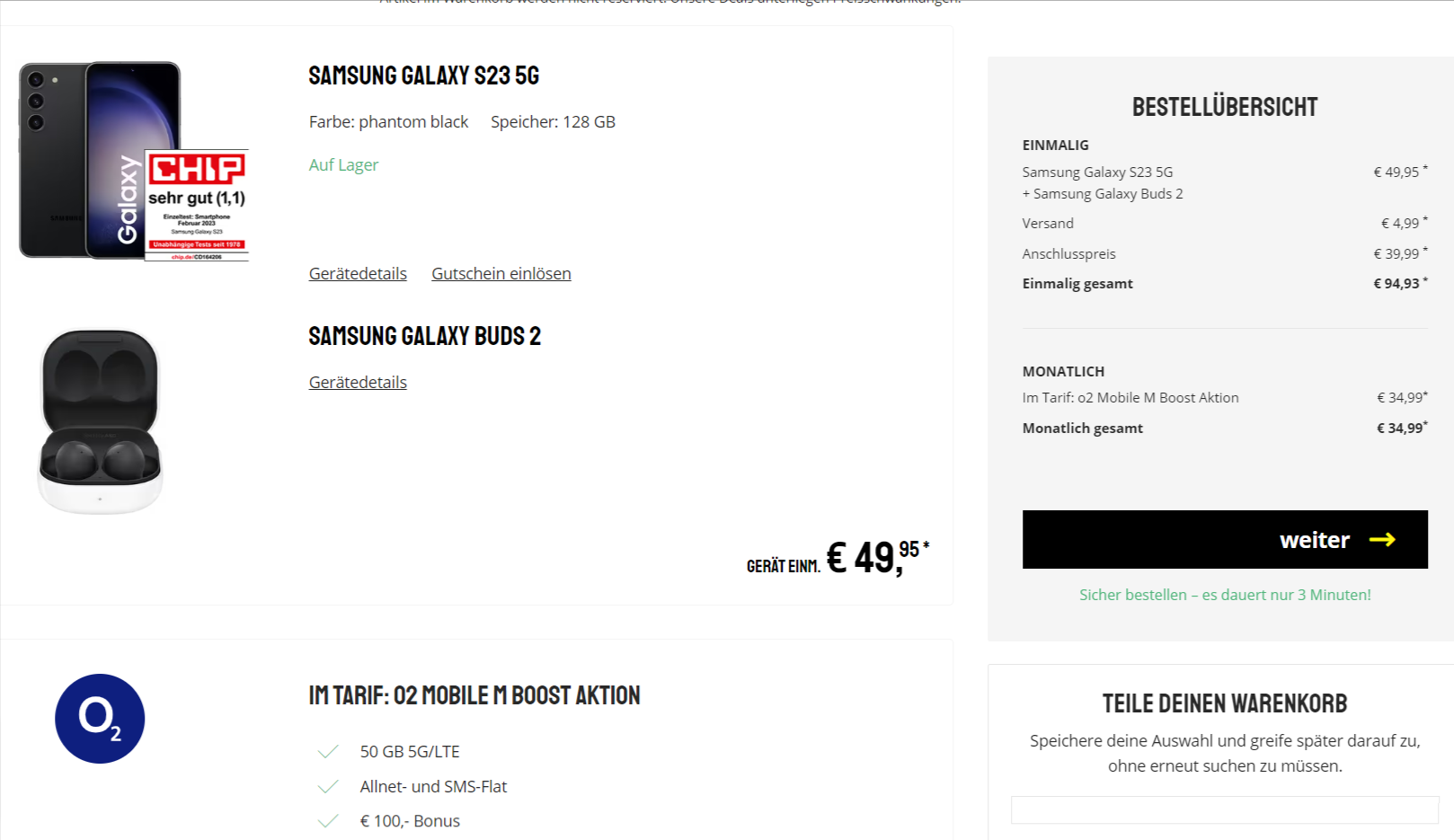 Sparhandy: Samsung Galaxy S23 5G + Samsung Galaxy Buds 2 + o2 Mobile M 50 GB 5G für 34,99 € / Monat + 94,93 € einmalig