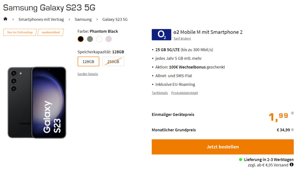 Samsung Galaxy S23 5G + O2 Mobile M Mit 25+ Gb 5G