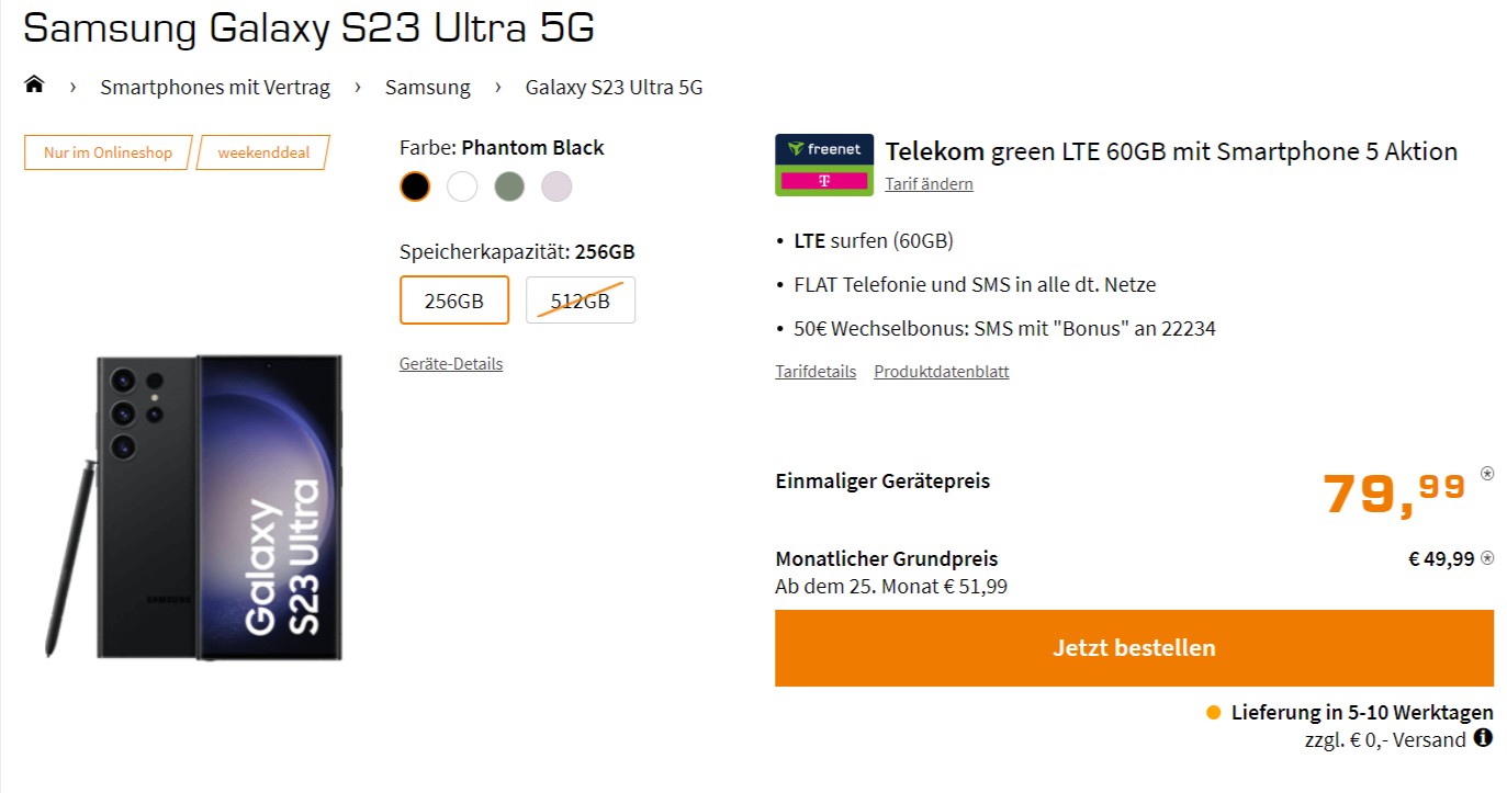 Saturn Tarifwelt: Samsung Galaxy S23 Ultra 5G + Telekom green LTE 60GB für 49,99 € / Monat + 119,98 € einmalig