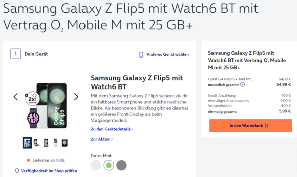 Samsung Galaxy Z Flip + Samsung Watch BT + Mobile M mit GB+