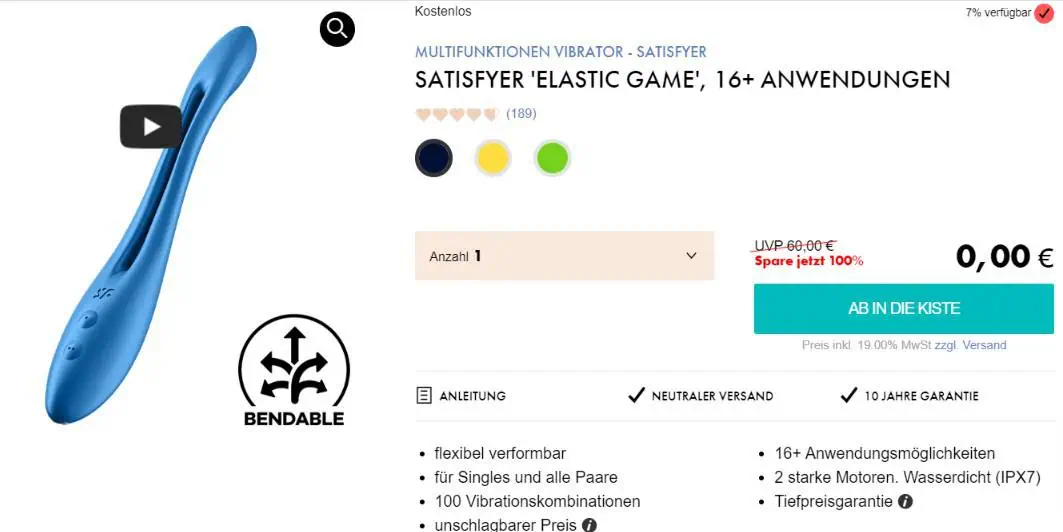 Eis DE: Satisfyer Elastic Game Multifunktonen Vibrator & 6 Gratisartikel für 0 € (MBW 39,95 €)