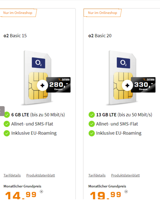 Saturn Tarifwelt O2 Sim-Only Tarife 5G Tarife