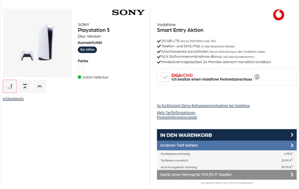 Sony Playstation 5 Disc Edition + Libratone One Style Portable Bluetooth Speaker + Vodafone Smart Entry Mit 20 Gb Lte