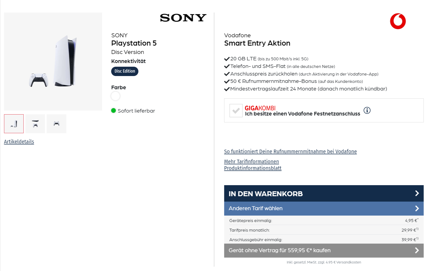 starmobile: Sony Playstation 5 Disc Edition + Libratone ONE Style Portable Bluetooth Speaker + Vodafone Smart Entry mit 20 GB LTE für 29,99 € / Monat + 39,90 € einmalig