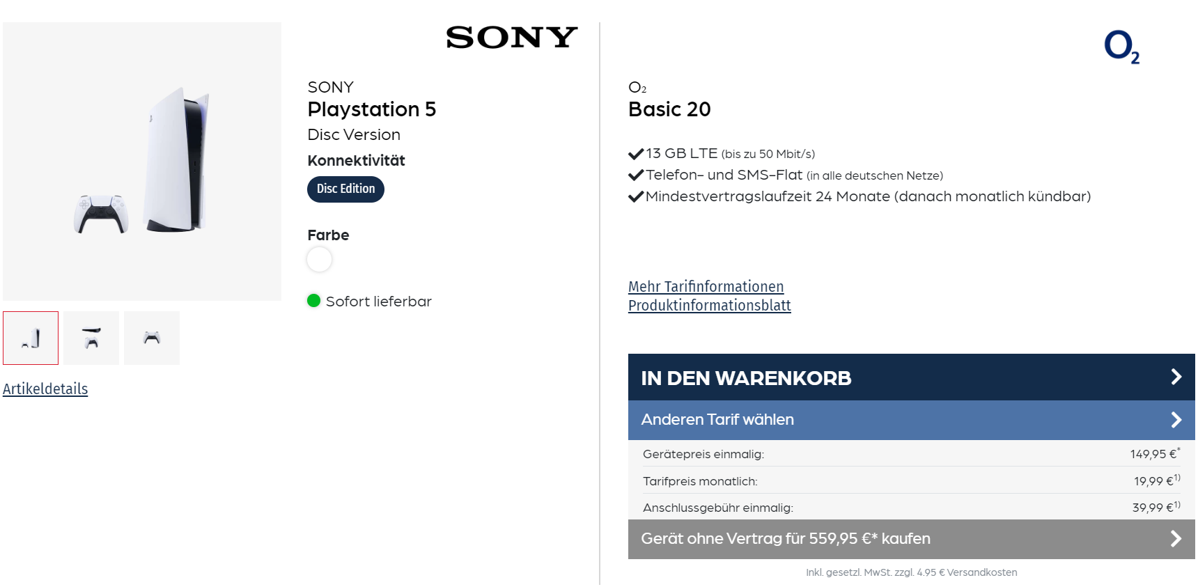 starmobile: Sony Playstation 5 Disc Edition + Libratone ONE Style Portable Bluetooth Speaker + o2 Basic 20 mit 13 GB LTE für 19,99 € / Monat + 194,89 € einmalig