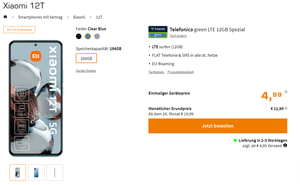 Xiaomi 12T + Freenet Telefonica Green Lte 12Gb