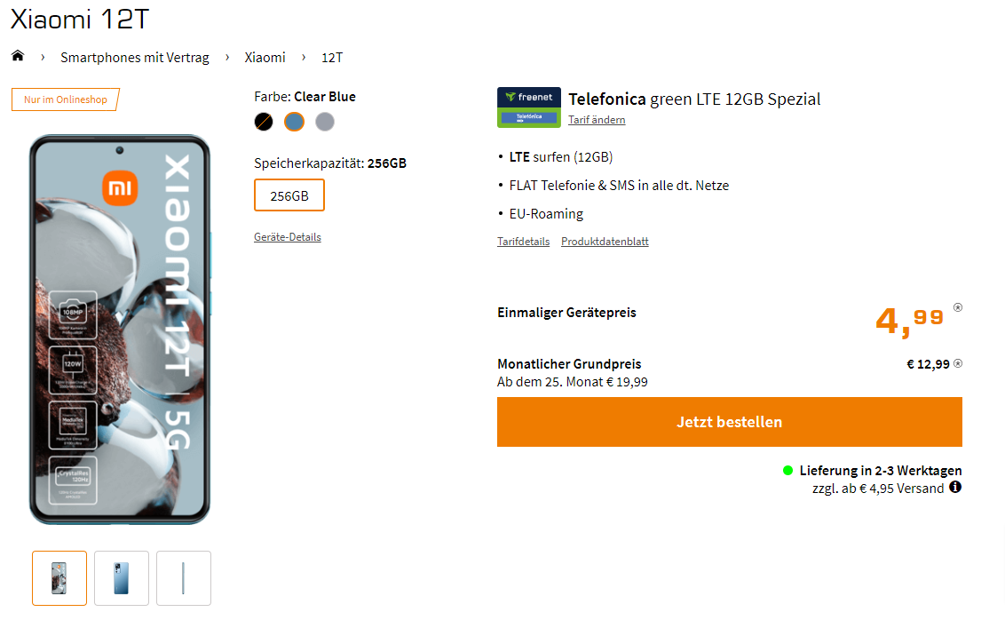 Saturn Tarifwelt: Xiaomi 12T + freenet Telefonica green LTE 12GB für 12,99 € / Monat + 49,93 € einmalig