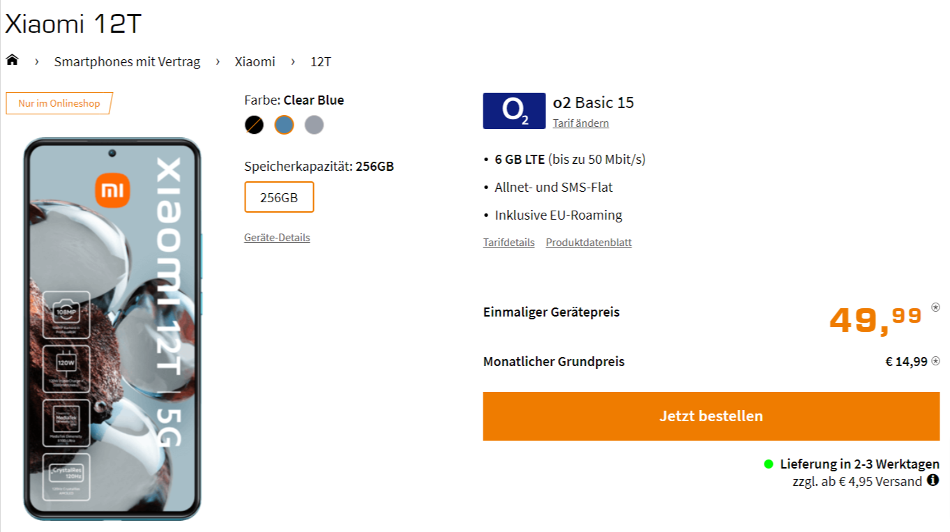 Saturn Tarifwelt: Xiaomi 12T + o2 Basic 15mit 6 GB LTE für 14,99 € / Monat + 94,93 € einmalig
