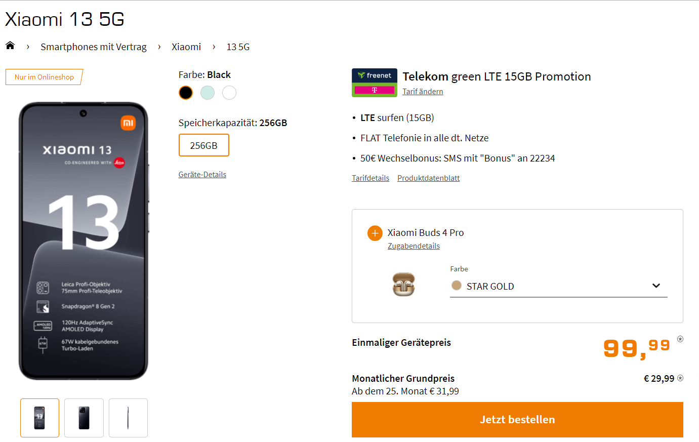 Saturn Tarifwelt: Xiaomi 13 5G + Xiaomi Buds 4 Pro + Telekom green LTE 15GB für 29,99 € / Monat + 144,93 € einmalig
