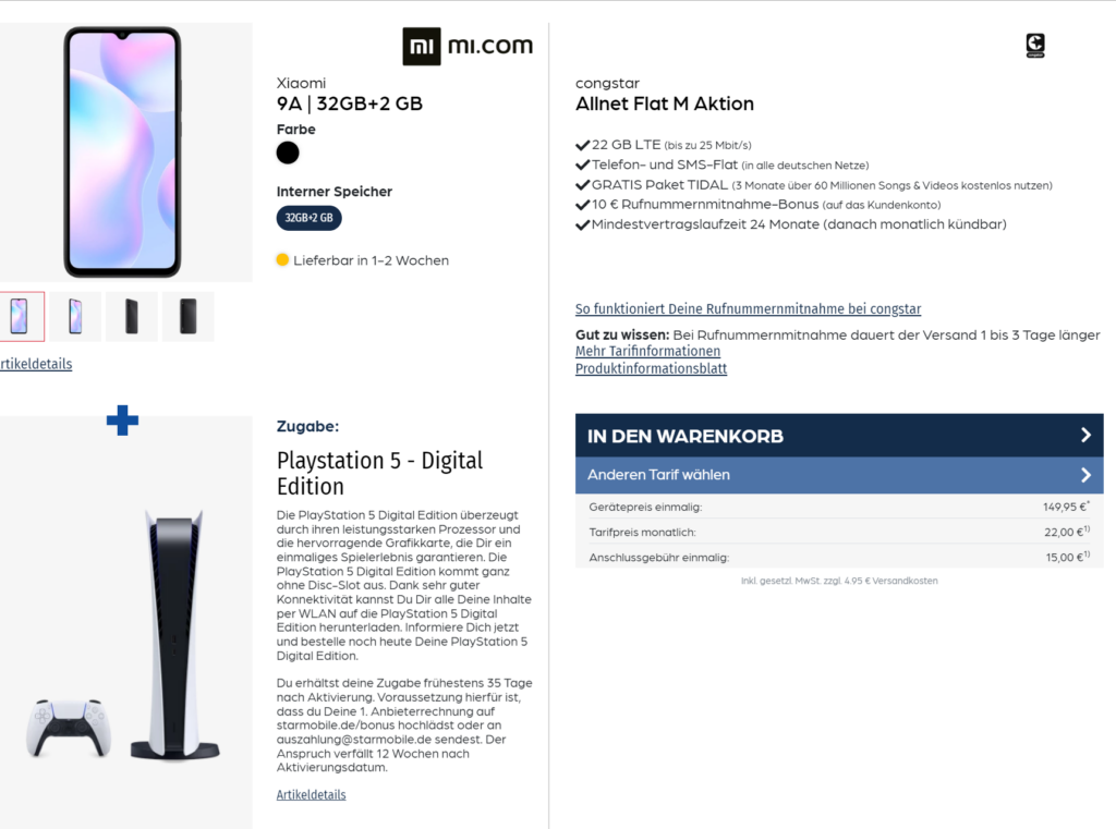 Xiaomi 9A + Playstation 5 Digital Edition + Libratone One Style Portable Bluetooth Speaker + Congstar Allnet Flat M Mit 22 Gb Lte