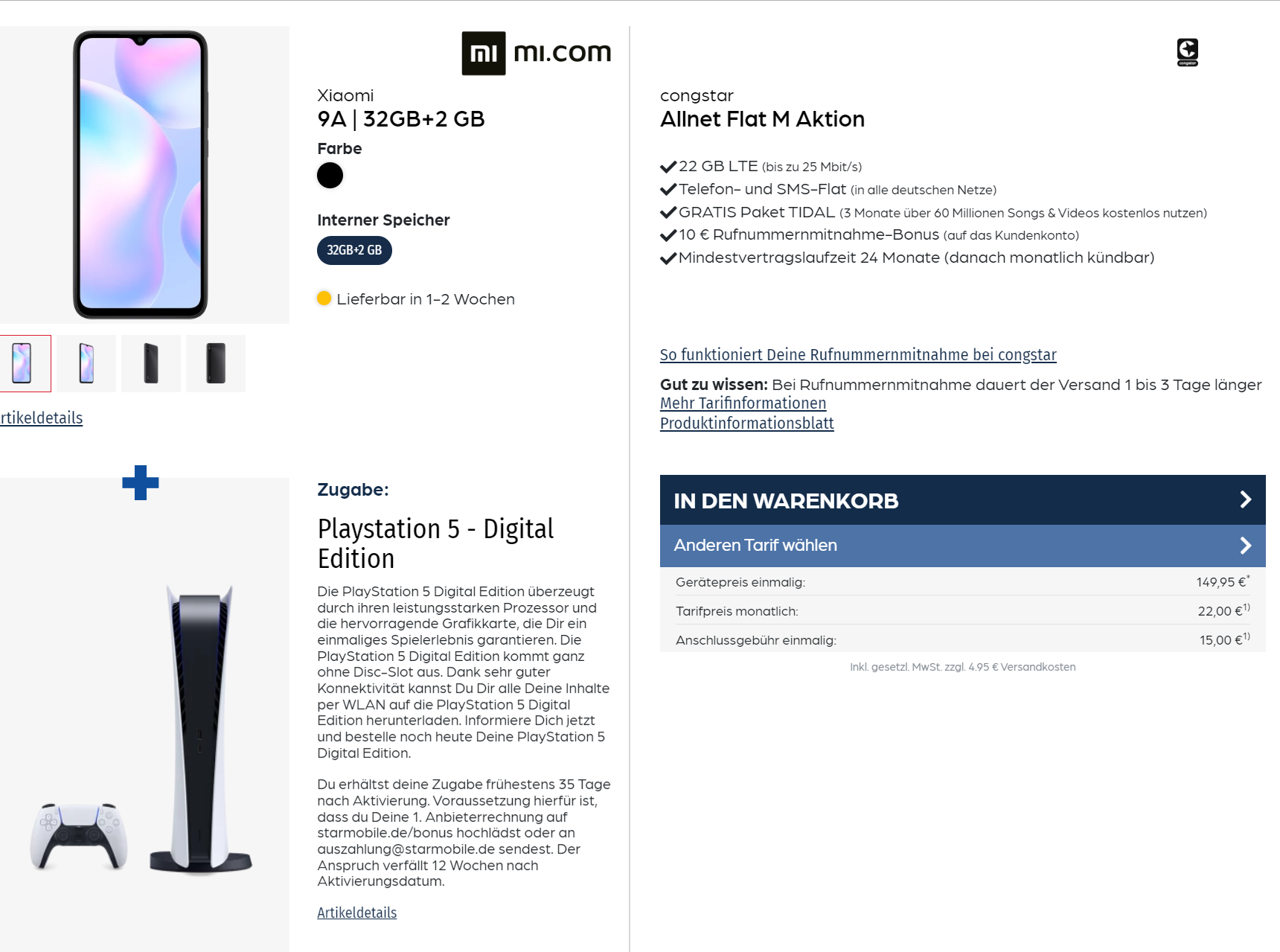 starmobile: Xiaomi 9A + Playstation 5 Digital Edition + Libratone ONE Style Portable Bluetooth Speaker + congstar Allnet Flat M mit 22 GB LTE für 22,00 € / Monat + 169,90 € einmalig