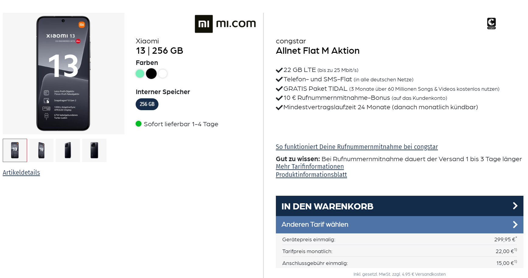 starmobile: Xiaomi 13 + Libratone ONE Style Portable Bluetooth Speaker + congstar Allnet Flat M mit 22 GB LTE für 22,00 € / Monat + 319,90 € einmalig