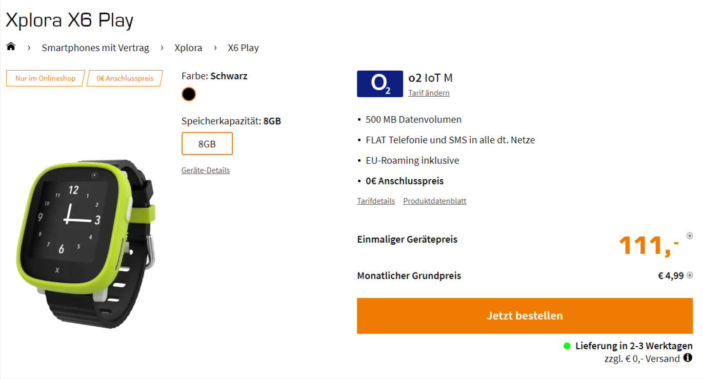 Saturn Tarifwelt: Xplora X6 Play Kinder Smartwatch + o2 IoT M mit 500 MB Datenvolumen für 4,99 € / Monat + 111,00 € einmalig