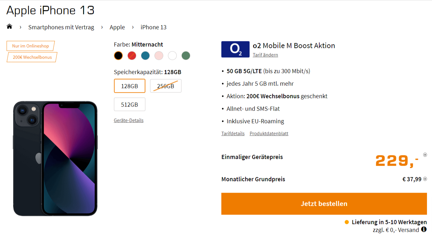 Saturn Tarifwelt: Apple iPhone 13 + o2 Mobile M mit 50+ GB 5G für 37,99 € / Monat + 268,99 € einmalig
