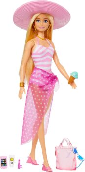 BARBIE Blonde Beach Day Puppe mit pink weißem Badeanzug