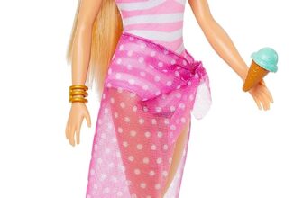 BARBIE Blonde Beach Day Puppe mit pink weißem Badeanzug