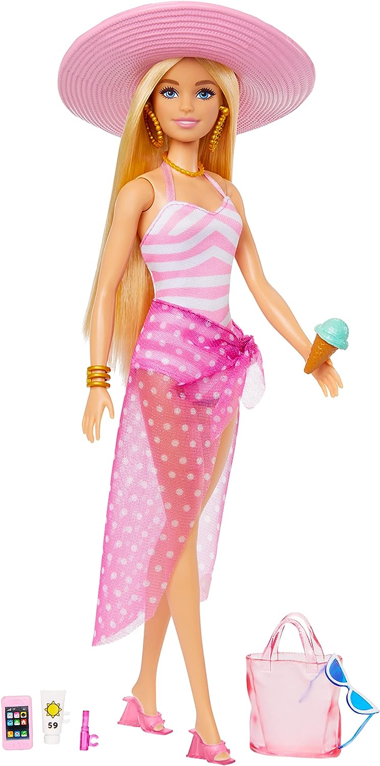 Barbie Blonde Beach Day Puppe Mit Pink Weißem Badeanzug