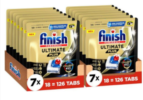 Drogerie-252x-Finish-Ultimate-Plus-Spülmaschinentabs-–-Geschirrspültabs-für-intensive-Reinigung-Fettlösekraft-und-Glanz-–-252-Tabs-2x7x18-Tabs-0-16€-Tab-