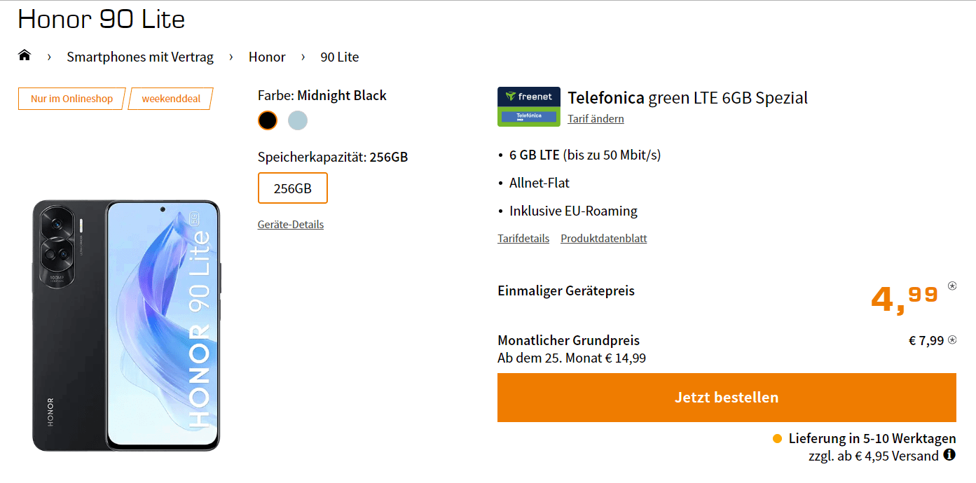 Saturn Tarifwelt: Honor 90 Lite + freenet Telefonica green LTE 6GB für 7,99 € / Monat + 49,93 € einmalig