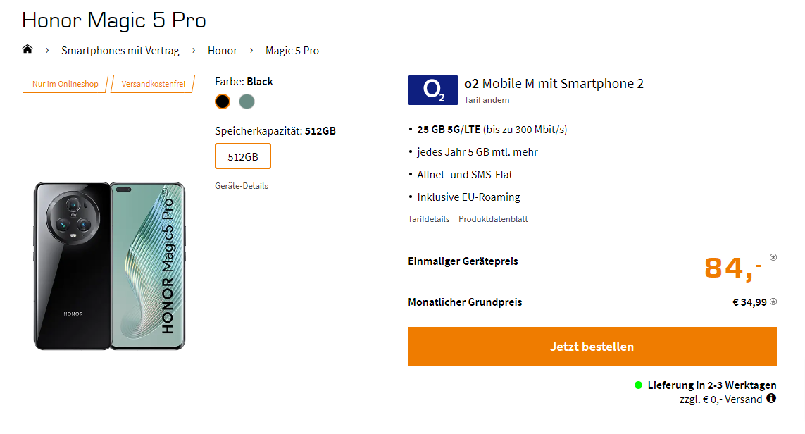 Saturn Tarifwelt: Honor Magic 5 Pro + o2 Mobile M 25+ GB 5G für 34,99 € / Monat + 123,99 € einmalig