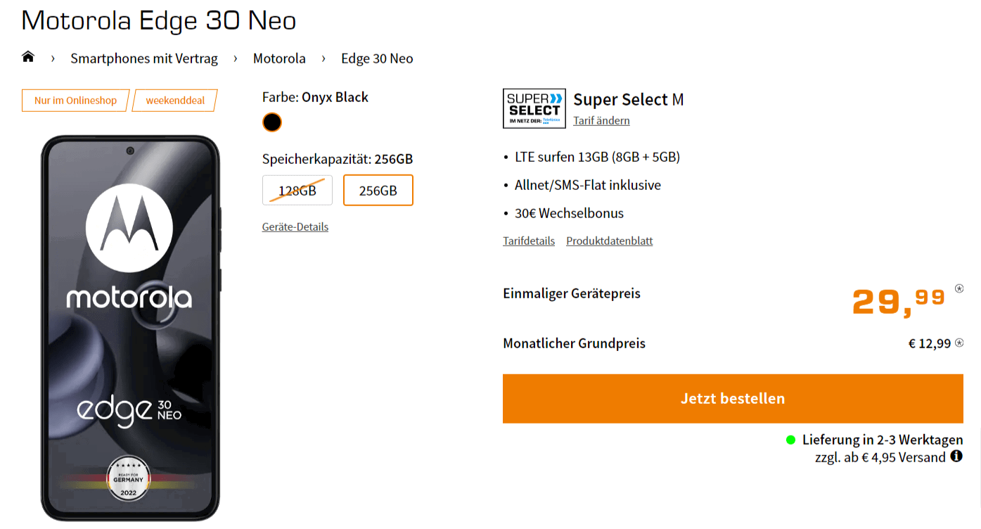 Saturn Tarifwelt: Motorola Edge 30 Neo + Super Select M mit 13 GB LTE für 12,99 € / Monat + 64,93 € einmalig