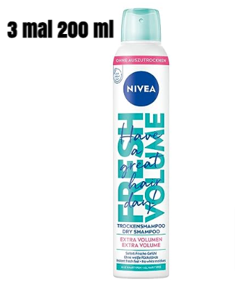 3 mal NIVEA Trockenshampoo Fresh Volume (200 ml) ab 5,38 € (Prime) statt 9,00 €