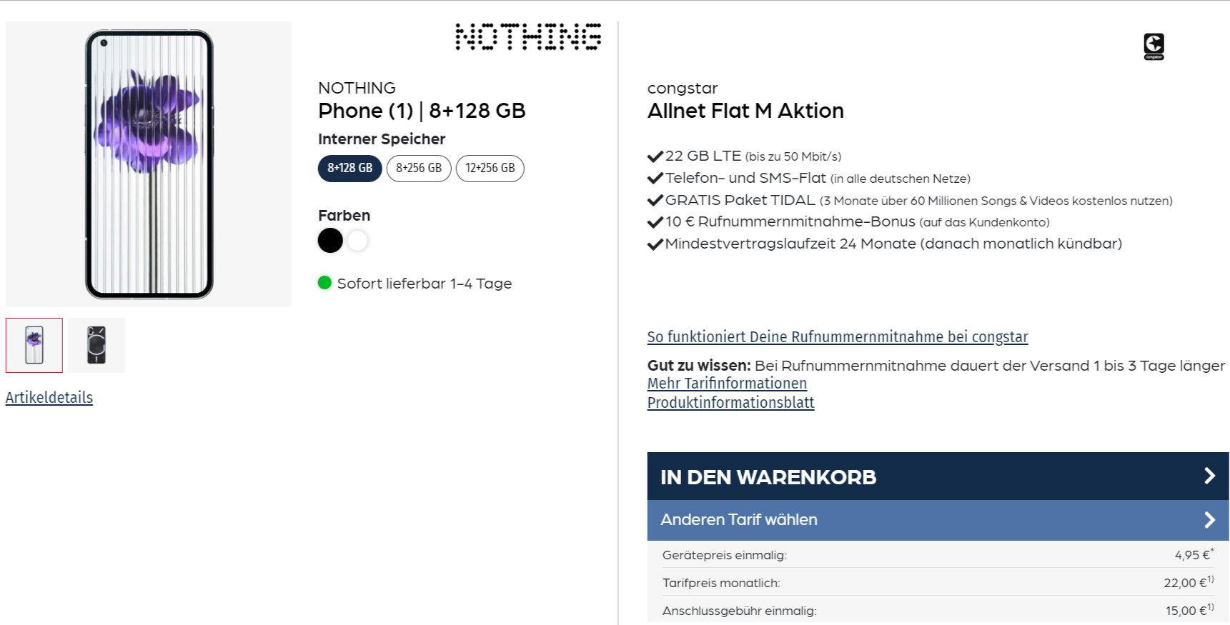 starmobile: Nothing Phone 1 + Libratone ONE Style Portable Bluetooth Speaker + congstar Allnet Flat M mit 22 GB LTE für 22,00 € / Monat + 433,94 € einmalig