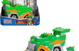 PAW PATROL, Rescue Knights Basis Fahrzeug Spielzeugauto von Rocky mit Welpenfigur