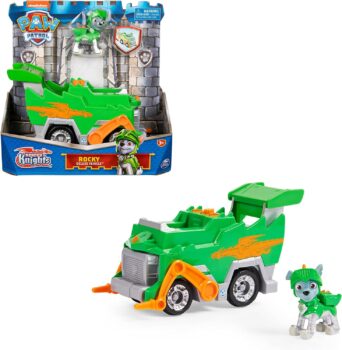 PAW PATROL, Rescue Knights Basis Fahrzeug Spielzeugauto von Rocky mit Welpenfigur