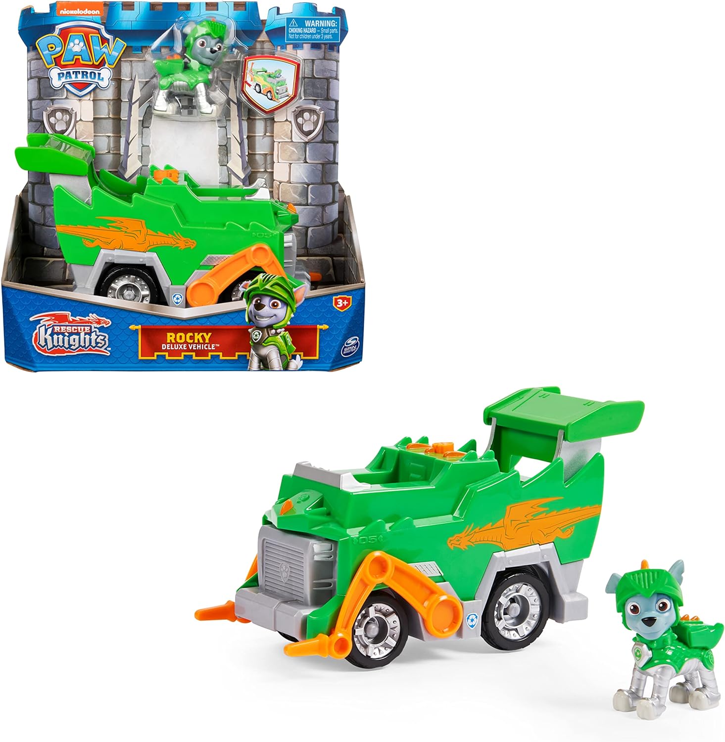 Paw Patrol, Rescue Knights Basis Fahrzeug Spielzeugauto Von Rocky Mit Welpenfigur