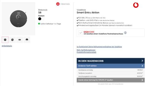Roborock S Staubroboter + Vodafone Smart Entry GB LTE