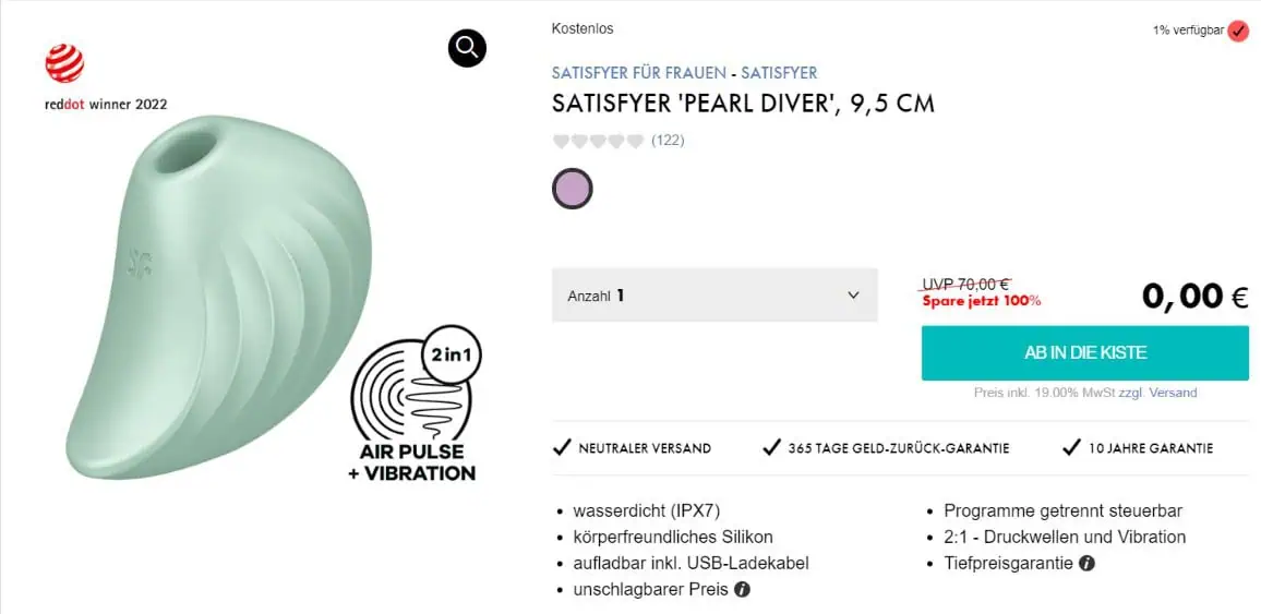EIS DE: Satisfyer Pearl Diver Druckwellenvibrator mit Vibration & 6 Gratisartikel für 0 € (MBW 39,95 €) 🍨