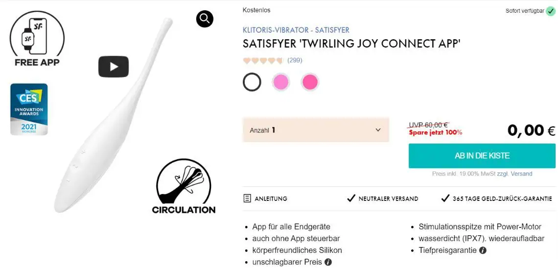 Eis DE: Satisfyer Twirling Joy Bluetooth Tip-Vibrator & 6 Gratisartikel für 0 € (MBW 39,95 €) 🍨
