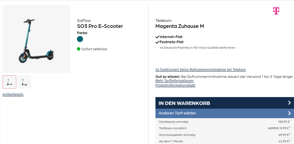 Soflow So3 Pro E-Scooter + Telekom Magenta Zuhause M