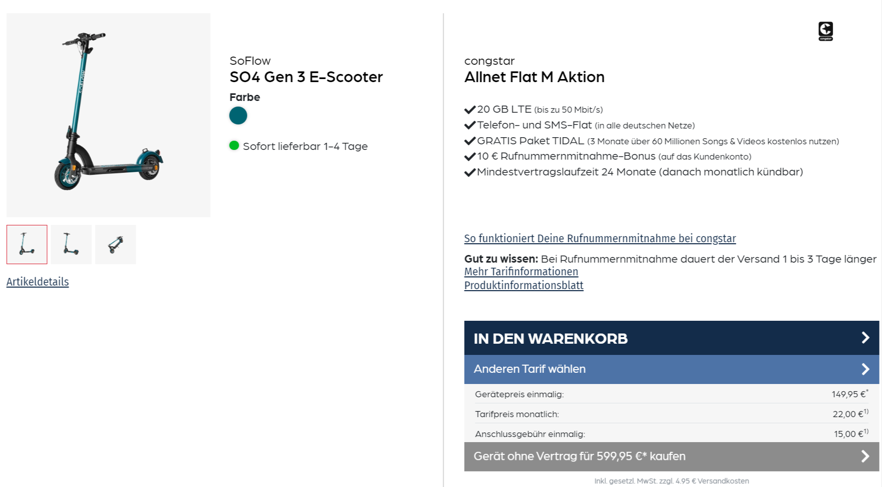 starmobile: SoFlow SO4 Gen 3 E-Scooter + Libratone ONE Style Portable Bluetooth Speaker + congstar Allnet Flat M 20 GB LTE für 22,00 € / Monat + 169,90 € einmalig