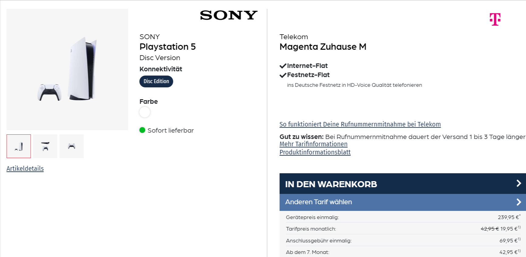 starmobile: Sony Playstation 5 Disc Edition + Telekom Magenta Zuhause M für 19,95 € / Monat  (42,95 € ab 7. Monat) + 309,85 € einmalig