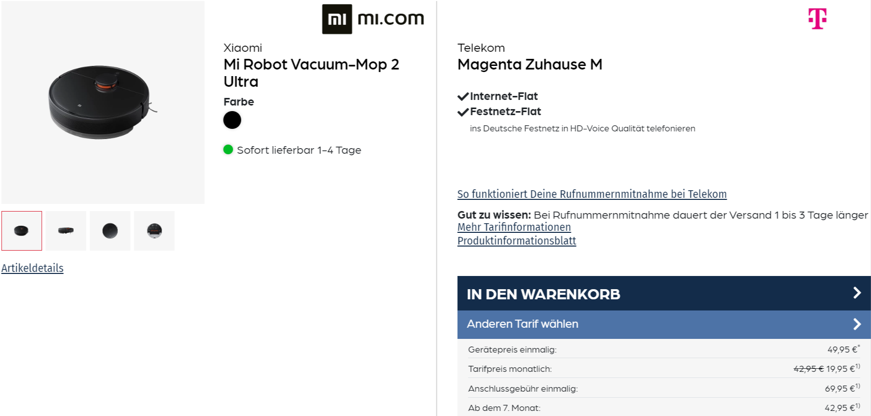 starmobile: Xiaomi Mi Robot Vacuum-Mop 2 Ultra + Telekom Magenta Zuhause M für 19,95 € / Monat  (42,95 € ab 7. Monat) + 119,85 € einmalig