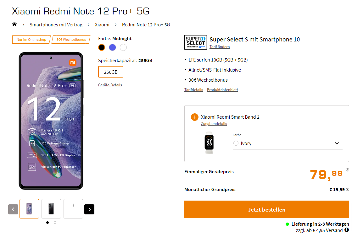 Saturn Tarifwelt: Xiaomi Redmi Note 12 Pro+ 5G + Xiaomi Redmi Smart Band 2 + Super Select S 10 GB LTE für 19,99 € / Monat + 109,98 € einmalig
